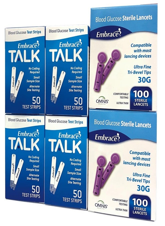 200 Embrace Talk Blood Glucose Test Strips Includes 200 30g Lancets